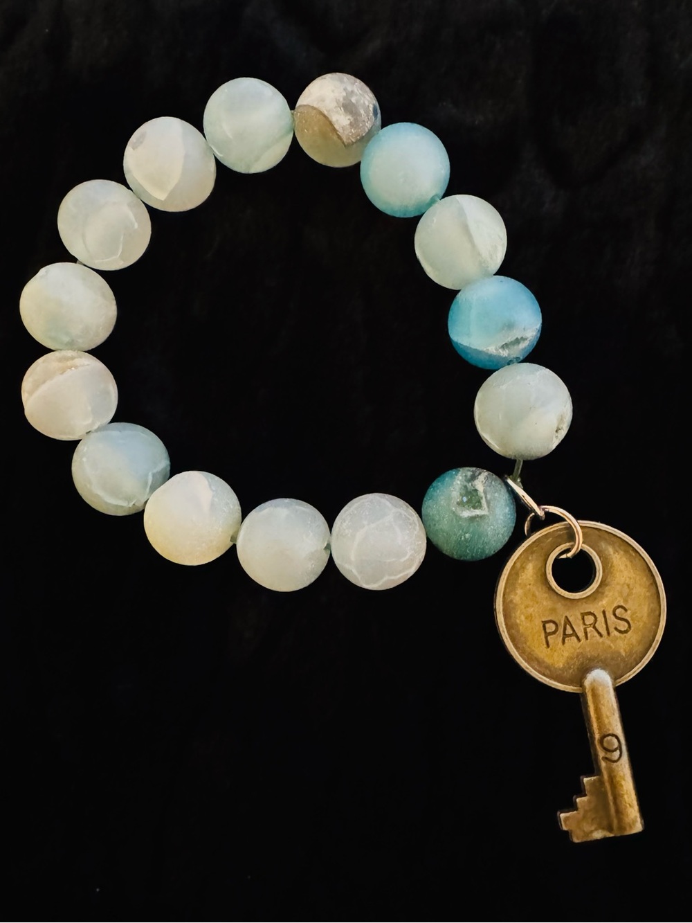 Paris Key Charm Blue-Green Agate Beaded Stretch Bracelet